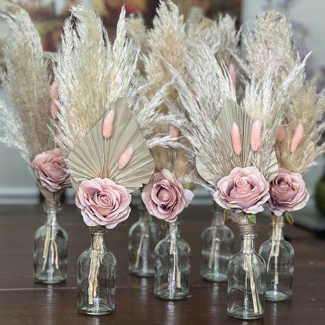 Rose Centerpiece - Etsy Rose Bouquet Centerpieces, Dusty Rose Rustic Wedding Theme, Boho Style Centerpieces, Pampas Roses Centerpiece, Rose Gold Boho Birthday Party, Mauve Table Setting, Simple Party Centerpieces, Pink Dinner Table Decor, Dusty Rose Wedding Decorations