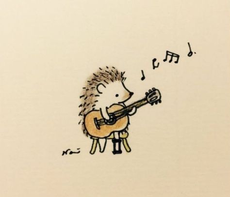 Cute Animal Love Drawing, Cute Hedgehog Art, Porcupine Drawing Cute, Guitar Cute Drawing, Cute Guitar Drawing, Playing Guitar Drawing, Music Doodles, Happy Drawings, Doodle Pictures