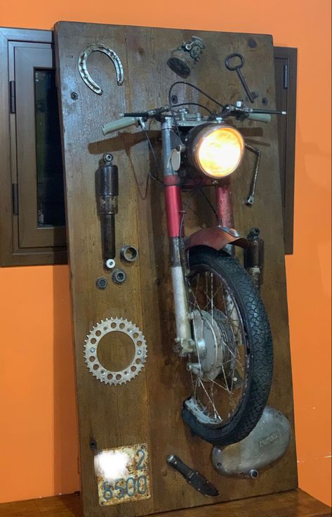 Wall Lamps Diy, Motorcycle Wall Art, Motorbike Parts, Diy Home Interior, Custom Paint Motorcycle, Pub Interior, Garage Furniture, Bamboo House Design, Automotive Furniture