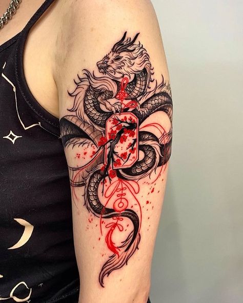 dragon zodiac tattoo • Instagram Black Dragon Tattoo, Sagittarius Tattoo Designs, Ink Tattoo Design, Dragon Tattoo Arm, Dragon Tattoo Meaning, Red Tattoo Ideas, Red Ink Tattoo, Red Dragon Tattoo, Around Arm Tattoo