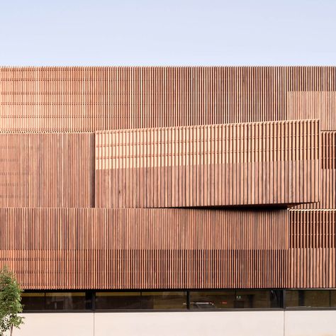 Timber Facade, Sports Centre, Sport Hall, Sports Complex, Facade Architecture, Facade Design, Wood Patterns, Wood Slats, Design Process