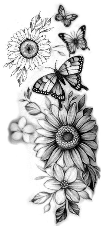 Sunflowers And Butterfly Tattoo, Sunflower Butterfly Tattoo Design, Sunflower With Butterfly Tattoo, Butterfly And Sunflower Tattoo, Butterfly Sunflower Tattoo, Sunflower Butterfly Tattoo, Girasoles Tattoo, Sunflower And Butterfly Tattoo, Sunflower Tattoo Stencil