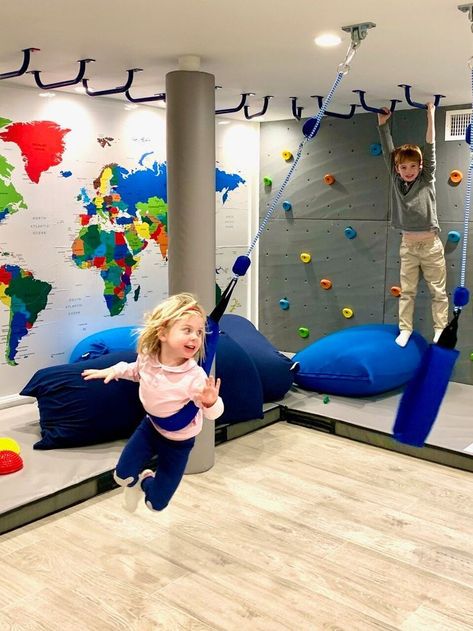 Indoor Playroom, Basement Playroom, Cool Kids Rooms, Kids Climbing, Indoor Climbing, Sensory Room, Playroom Design, Rock Wall, Indoor Playground