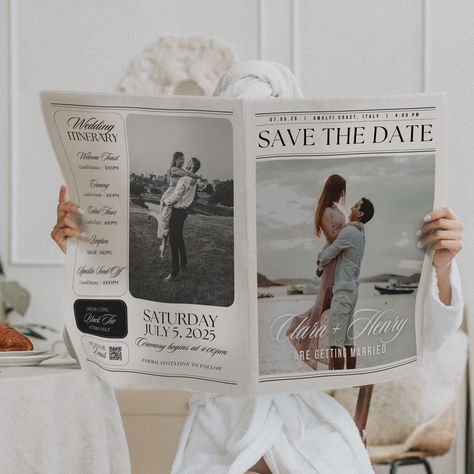 Save The Date Newspaper, Wedding Newspaper, Dream Wedding Decorations, Wedding Itinerary, Future Wedding Plans, Engagement Announcement, Dream Wedding Ideas Dresses, Wedding Prep, Cute Wedding Ideas