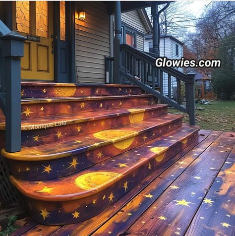 Moon And Stars Design, Front Stoop, Painting Old, Moons And Stars, Wooden Steps, Dark Home Decor, Stars Design, Goth Home, Goth Home Decor