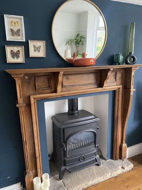 Wood Burning Stove Decor, Small Green House, Second Empire House, Louisiana House, Stove Decor, Wood Burning Stoves Living Room, Terracotta Floor Tiles, Cosy Fireplace, Flat Kitchen