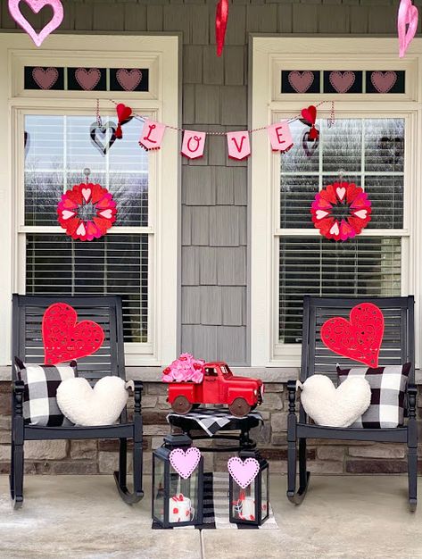 Valentines Porch Decor, Valentines Outdoor Decorations, Brick Fireplace Decor, Post Holiday Blues, Buffalo Plaid Pillows, Fun Valentines Day Ideas, Heart Pillows, Plaid Pillow Covers, Dollar Tree Store