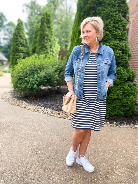 White Striped Dress Outfit, Dresses With Tennis Shoes, 50 Is Not Old, Amazon Influencer, Tennis Shoes Outfit, Best Blazer, Shirt Dress Outfit, Striped Tank Dress, Dress With Jean Jacket