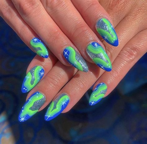 Green Tie Dye Nails, Spring Nail Designs 2023, Electric Nails, Rave Nails, Rainbow Nails Design, Silver Glitter Nails, Spring Nail Designs, Nail Art Gel, Fall Acrylic Nails