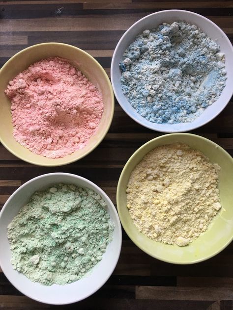 2 ingredients Cloud Dough/Moon Sand! What are you waiting for? (Edible version available too!) - Mummy Wishes Oil Based Food Coloring, Powdered Food Coloring, Moon Sand, Coloured Icing, Cloud Dough, Colored Sugar, Homemade Bath, Bath Fizzies, Gel Food Coloring