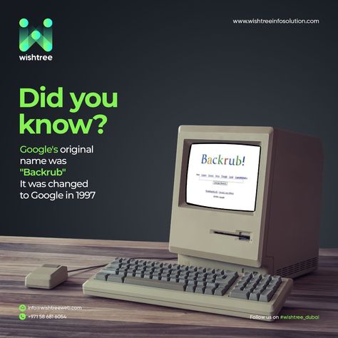 Did you know that Google was originally called "Backrub"? Thankfully they changed the name before it caught on! To more interesting facts like this, contact us 📩 info@wishtreeweb.com 📞 +971 58 681 6054 🔗 www.wishtreeinfosolution.com . . . #digitalmarketing #digitalmarketingquiz #quiz #marketingknowledge #quiztime #generalknowledge #quizoftheday #knowledge #promote #growbusiness #seo #socialmediamarketing #digitalmarketingagency #wishtree #dubai #dubaibusiness Quiz Poster, Instagram Posts Ideas, Travel Website Design, Dubai Business, Ads Creative Advertising Ideas, Media Poster, Media Design Graphics, Posts Ideas, Advertising Ideas