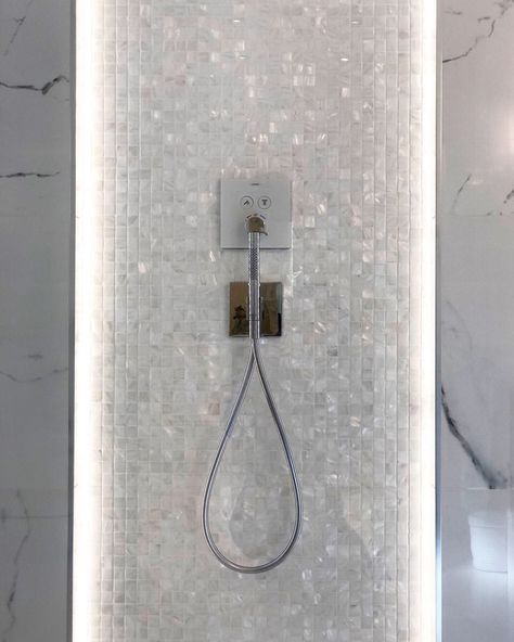 Featuring the White Mosaic Mother of Pearl in an exclusive Private Residential Project. All our mother of pearl mosaics and decorative panels are sustainably sourced. Mother Of Pearl Bathroom, Mosaic Bathroom, White Mosaic, Interior Concept, Decorative Panels, Master Bath, Commercial Interiors, Mother Of Pearl, Bath