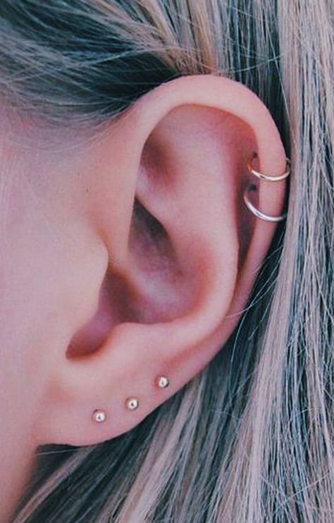 Ear Peircings, Double Ear Piercings, Double Cartilage Piercing, Morganite Earrings, Ear Piercings Helix, Cool Ear Piercings, Pretty Ear Piercings, Chevron Earrings, Multiple Ear Piercings