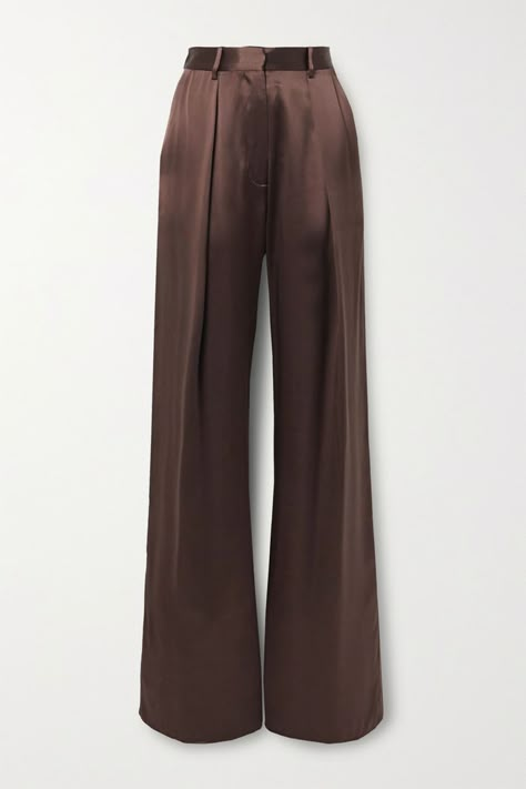 Michael Lo Sordo Pleated Silk-Satin Wide-Leg Pants Silk Pants Outfit, Satin Pants Outfit, Cocktail Attire For Women, The Attico, Sandals Brown, Satin Pants, Cocktail Attire, Flowy Pants, Brown Silk