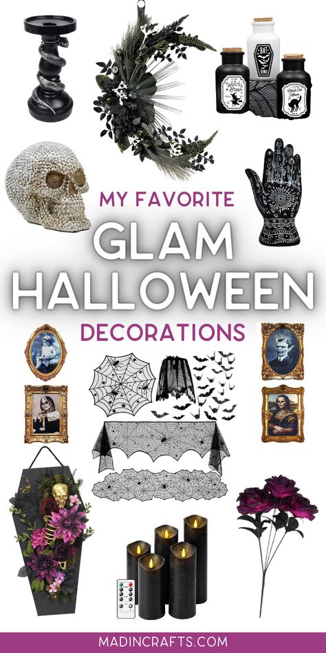 Halloween is the time of year when we can all indulge in our love for the spooky and macabre. But why settle for just any old Halloween decorations when you can glam it up a notch? This year, add a touch of elegance to your Halloween decor with these stunning glam pieces that will make your home the envy of the neighborhood. From sparkling pumpkins to glittery skulls, we've rounded up the best glam Halloween decor pieces that will give your home a touch of spooky sophistication. Get ready to be Sparkly Halloween Decor, Black And Silver Halloween Decor, Halloween Trends 2024, Glam Halloween Decor, Glam Halloween Party, Inexpensive Halloween Decorations, Elegant Halloween Party, Halloween Photo Frames, Sparkly Halloween