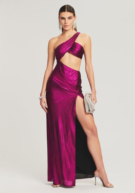 SS22– Page 3– Retrofete Magenta Gown, Boudiour Poses, Bridal Reception Dress, Australia Clothes, Lame Fabric, Paneled Skirt, One Shoulder Gown, Prom Dress Inspiration, Essential Dress