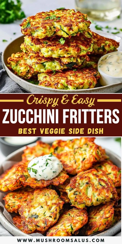 Looking for the ultimate veggie side dish? These Crispy Zucchini Fritters are a healthy, quick, and easy recipe you'll love! Perfectly golden, they can be baked or made in the air fryer for a vegan, gluten-free, and dairy-free option. Serve them as a snack or pair them with your favorite dip for a crowd-pleasing treat. Try them today for the best-ever fritters! Vegetable Side Ideas, Veggie Tots Air Fryer, Veggie Recipes For Dinner Side Dishes, Gluten Free Dairy Free Side Dishes Easy, Quick Healthy Vegetarian Recipes, Sneaking Veggies Into Food, Healthy Meal Sides, Vegetable Dinner Sides, Easy Vegetable Dinner