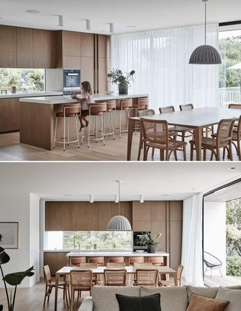 Modern Australian Home, Modern Wood Kitchen, Light Oak Floors, Light Wood Kitchens, Open Plan Living And Dining, Walnut Kitchen, Open Plan Kitchen Living Room, Open Plan Living Room, Kitchen Dining Living