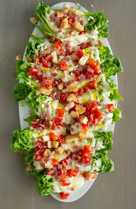 Ceasar Salad Wedge, Fancy Caesar Salad Presentation, Wedge Salad For A Crowd, Wedge Salad Board, Chicken Wedge Salad, Wedge Salads, Coco Puffs, Big Dinner, Cheese Croutons