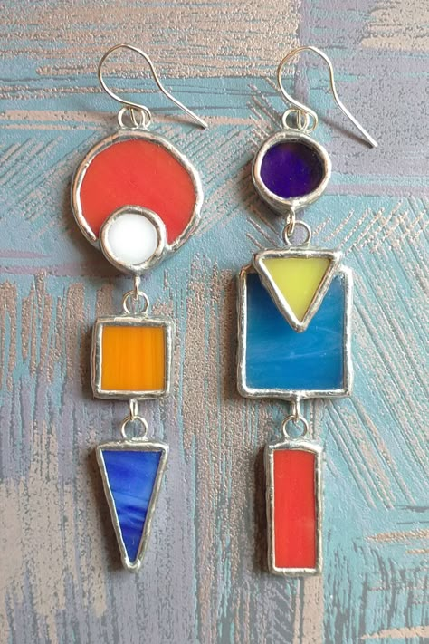 earrings Stained Glass Accessories, Stained Glass Jewellery, Stain Glass Earrings, Stain Glass Jewelry, Asymmetric Earrings, Stained Glass Earrings, Stained Glass Jewelry, Soldering Jewelry, Asymmetrical Earrings