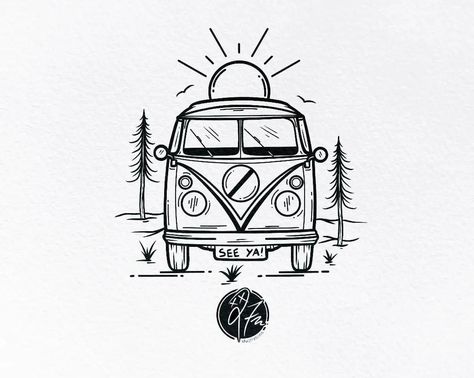 Traveling Drawings Simple, Combi Van Tattoo, Vw Campervan Tattoo, Vw Bus Coffee Shop, Vw Camper Tattoo, Vw Van Tattoo, Camper Van Tattoo, Volkswagen Bus Tattoo, Campervan Drawing