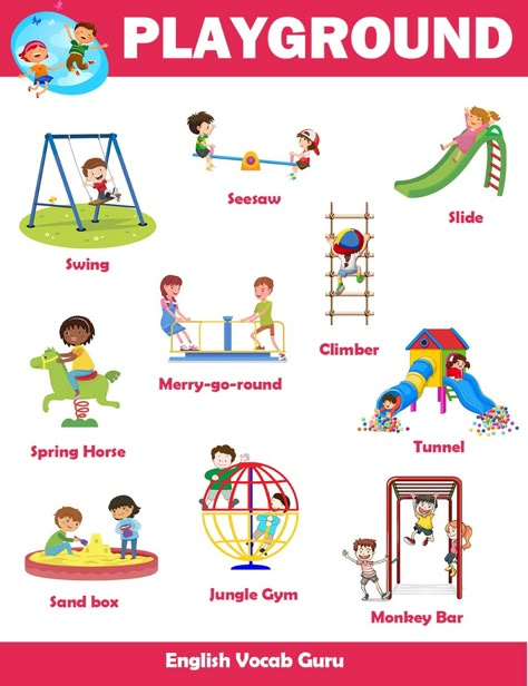 This pin is packed with fun vocabulary words to help your little ones learn English while they conquer the playground. ‍♀️  From "slide" and "swings" to "monkey bars" and "sandbox," they'll be naming all their favorite equipment in no time!   Perfect for parents and teachers looking for engaging ways to boost early language skills.  Let the learning adventures begin!    #playground #vocabulary #learnenglish #kids #education #playtime Vocabulary For Kindergarten, Opposite Words For Kids, Animals Name List, Playground Activities, Teach English To Kids, Playground Slide, English Activities For Kids, Learning English For Kids, Alphabet Activities Preschool