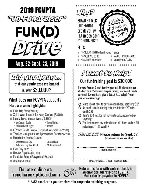 French Creek Elementary School on Twitter: "Dear FC Community, Our PTA is sponsoring an “Un-Fundraiser” to reduce the need for fundraisers throughout the school year. Please consider helping us to reach our $30,000 goal! Visit https://t.co/41qtAuor9d. 🌟#WhatMakesFCSpecial https://t.co/14GvXUUtBd" / X Club Fundraising Ideas High School, Pto Fundraising Ideas School Fundraisers, School Fundraiser Themes, Middle School Fundraising Ideas, School Fundraising Ideas Elementary, School Council Ideas, Pta Fundraising Ideas, School Fundraiser Ideas, Middle School Fundraisers