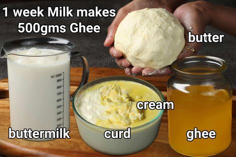 Recipe Using Milk, Buttermilk Recipe, Hebbars Kitchen, Indian Cuisine Recipes, Ghee Recipe, Making Ghee, Hebbar's Kitchen, Ghee Butter, Buttermilk Recipes