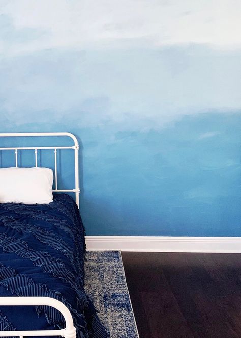 DIY OCEAN INSPIRED OMBRE WALL — Megan Burns Ocean Room Paint Ideas, Ocean Ombre Wall, Blue Ombre Wall Paint, Ocean Accent Wall, Blue Ombre Wall, Ombre Painted Walls, Sponge Painting Walls, Homey House, Ocean Bedroom