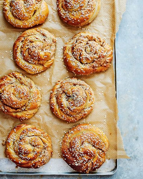 Sweet tahini swirl buns | delicious. magazine Tahini Sweets, Swirl Bun, Tahini Recipes, Yasmin Khan, Greek Bread, Cyprus Food, Cypriot Food, Christmas Breakfast Recipe, Greek Desserts