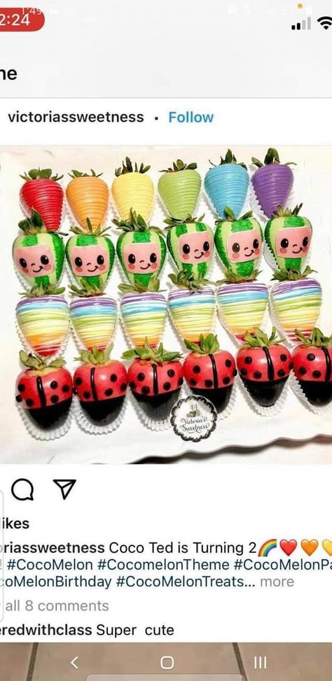 Coco Melon Strawberries, Coco Melon Treat Ideas, Cocomelon Chocolate Covered Strawberries, Cocomelon Birthday Treats, Cocomelon Strawberries, Cocomelon Rice Krispie Treats, Coco Melon Treats, Cocomelon Treats Ideas, Cocomelon Treats