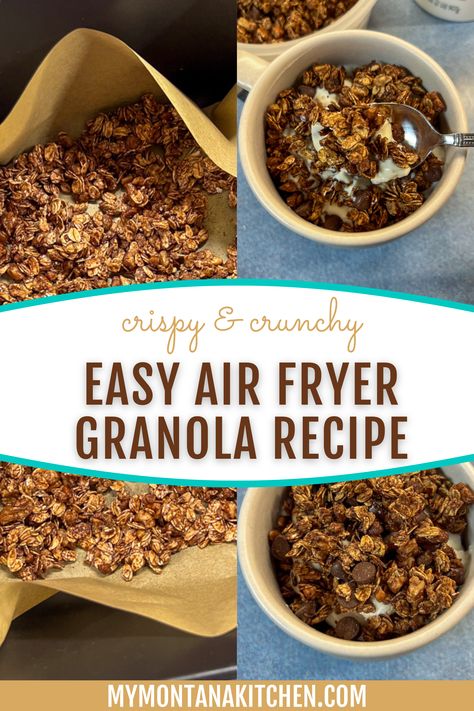 Crispy, crunchy granola in 15 minutes, with no oil? Yes, it IS possible. This recipe shows you how to make Air-Fryer Granola—and it's easier than ever! Combine the goodness of granola with the convenience of your trusty air fryer in a double chocolate recipe that uses both cocoa powder AND sugar-free chocolate chips. Get this healthy, delicious recipe now! Air Fryer Granola Recipe, Air Fryer Granola, Montana Kitchen, Easy Granola Recipe, Easy Granola, Toasted Oats, Delicious Low Carb Recipes, Baked Granola, Chewy Granola