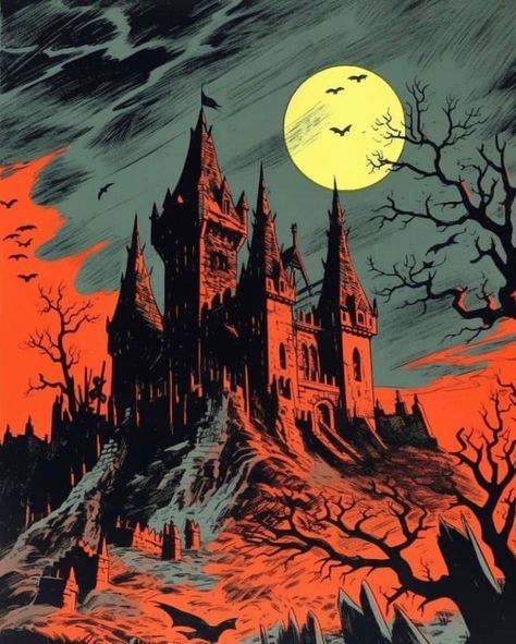 Spooky Halloween Castle, Vintage Horror Art, Haunted House Drawing, Eerie Art, Halloween Castle, Blue Tick, Spooky Vintage, Halloween Comic, Stuffed Pumpkin