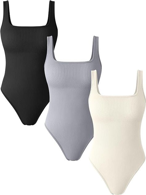 OQQ Women's 3 Piece Bodysuits Sexy Ribbed Square Neck Basic Stretch Tank Tops Bodysuits Summer Bodysuits, Slim Bodysuit, Bodysuit Tops, Ribbed Bodysuit, Grey And Beige, Womens Bodysuit, New Wardrobe