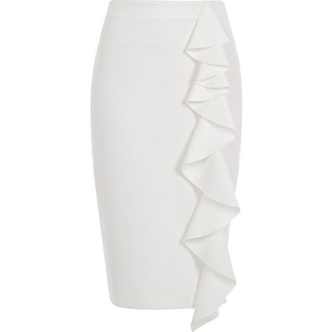 River Island White frill front pencil skirt ($60) ❤ liked on Polyvore featuring skirts, midi skirts, white, women, high waist knee length pencil skirt, mid calf pencil skirts, midi skirt, white pencil skirt and ruffled skirts Elegant Office Wear, High Waisted White Skirt, Pencil Skirt Fashion, High Waisted Midi Skirt, Pencil Skirt Pattern, White Knee Length Skirt, Pencil Skirt Work, Skirts White, White Midi Skirt