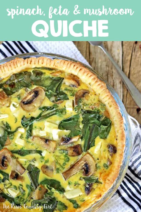 This easy cheesy spinach, mushroom & feta quiche is perfect for breakfast, lunch or an easy dinner! With a homemade pie crust, it will be the star of the show! #thekiwicountrygirl #quiche #brunch #easydinner #pastry Mushroom Feta Quiche, Filet Mignon Chorizo, Feta Quiche, Mushroom Quiche, Cheesy Spinach, Spinach Mushroom, Breakfast Quiche, Quiche Recipe, Spinach Stuffed Mushrooms