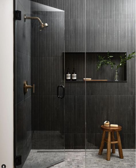 Shower Between Two Walls, Moody Washroom, Two Person Shower Walk In Master Suite, Side Bathroom Ideas, Moody Shower Tile, Black Bathroom Shower Tile, Modern Moody Bathroom, Moody Dark Bathroom, Shower Black Tile