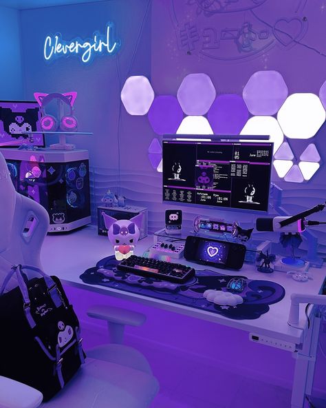 happy monday💜✨ here is a few shots at my kuromi 1.0 setup💜 I have some fun new content I’ll be posting too, plus I finally finished editing my YouTube gaming setup diary vlog! so I’ll have that video up tomorrow. I hope to do a YT 1-2 twice a week, I want to be consistent over there. now the only thing is i have to figure out when to post morning, afternoon or evening. ⋆..𖥔 ݁ ˖*:･༄ don’t forget to follow for more tech | gaming | desk setup inspo | theme setups | cinnamoroll | futuristic cont... Black And Purple Desk Setup, Witchy Gaming Room, Kuromi Desk Setup, Purple Computer Setup, Purple Set Up, Kuromi Gaming Setup, Pc Set Ups, Kuromi Room, Games Room Inspiration