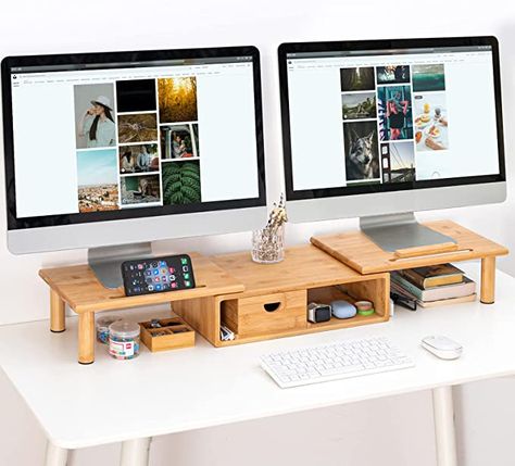 Amazon.com: Bamboo Dual Monitor Stand Riser with Storage Drawer - ROCDEER Laptop Desk Shelf with Adjustable Length and Angle, Monitor Riser Stand for 2 or 3 Monitors Computer TV -Natural : Electronics Multiple Monitor Setup, Dual Monitor Stand, Desktop Bookshelf, Screen Laptop, Desk Laptop, Wood Display Stand, Multipurpose Table, Office Shelf, Bookshelf Organization