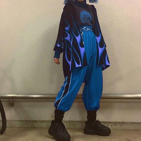 Blue Techwear Outfit, Dark Blue Alt Outfit, Blue Alternative Outfit, Blue Punk Outfits, Blue Flame Outfit, Colorful Techwear, Blue Streetwear Outfit, Blue Clothes Aesthetic, Sagittarius Fashion