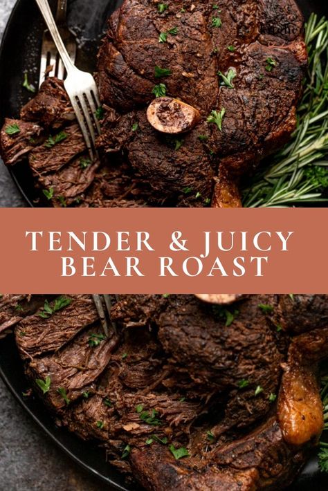 This is the best bear roast recipe you will ever make. The meat braises in a delicious and healthy cooking liquid, which makes it perfectly tender and juicy. If you love beef, then bear is a fantastic wild game alternative! The key with bear meat is to cook is well-done, and do so in a way that allows it to stay tender and delicious, not tough and dry. This recipe is perfect for making a delicious roast that will feed a crowd! #bearmeat #wildgame #wildgamecooking #wildgamemeat Bear Roast Recipe Crock Pot, Bear Roast Recipe, Bear Meat Recipe, Bear Meat, Elk Recipes, Game Meat, Bear Recipes, Game Recipes, Happy Cooking