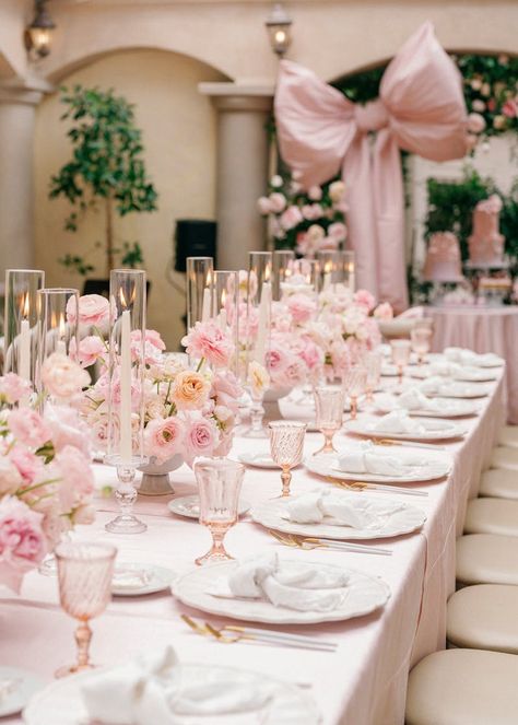 Coquette Centerpiece Ideas, Pink And White Baby Shower Flowers, Bridgerton Themed Baby Shower Ideas, Pink And Green Table Decor, Wedding Flowers On Table, Pink Wedding Ideas Color Schemes, Vintage Pink Baby Shower Ideas, Pink Baby Shower Table Setting, Pink Theme Bridal Shower Ideas