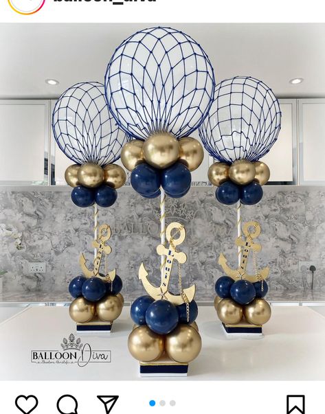 Elegant Nautical Party Decor, Nautical Decor Party, Navy Retirement Party Ideas, Nautical Centerpiece Ideas, Nautical Baby Shower Ideas, Us Navy Party, Deco Theme Marin, Nautical Baby Shower Boy, Topiary Centerpieces