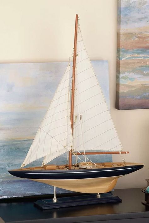 Boat Sculpture, Coastal Style Living Room, Wooden Sailboat, Model Sailboat, Sailboat Art, Navy Accents, Wooden Ship, Decorative Sculpture, Nautical Home