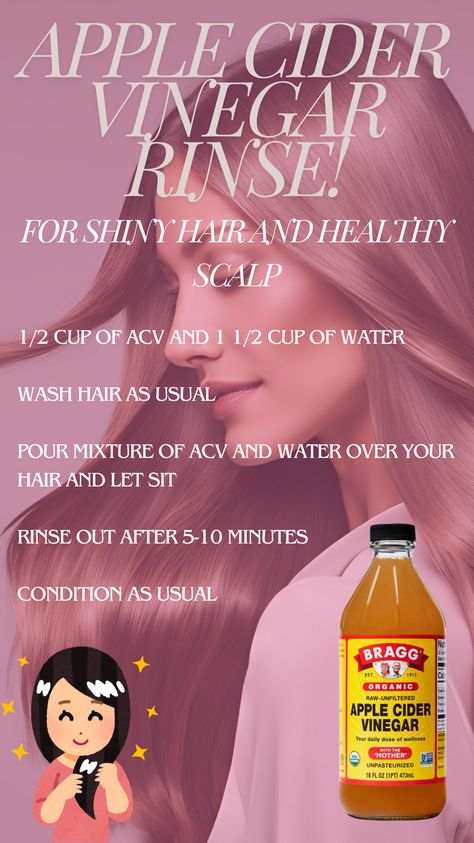 This is what I use at least twice a month to clarify, cleanse, and rid my scalp of dandruff! I also do it between washing and conditioning to prevent any possible residual smell of ACV left on hair. Keeps my scalp flake free and increases shine like crazy!  #Applecidervinegar #hairhealth #hairdetox #shinyhair #haircarehacks Apple Cidar Vinegar, Apple Cidar, Apple Cider Vinegar Hair, Apple Cider Vinegar Hair Rinse, Diy Apple Cider, Vinegar Hair Rinse, Vinegar For Hair, Apple Cider Vinegar Rinse, Apple Cider Vinegar For Hair