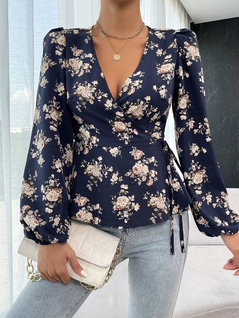 Multicolor Boho  Long Sleeve Polyester Floral All Over Print Peplum  Non-Stretch Spring/Fall Women Tops, Blouses & Tee Womens Pants Design, Sheer Floral Blouse, Cute Modest Outfits, Ladies Shirts, Classy Casual Outfits, Tops Fashion, Ladies Tops, Design Book, Womens Pants