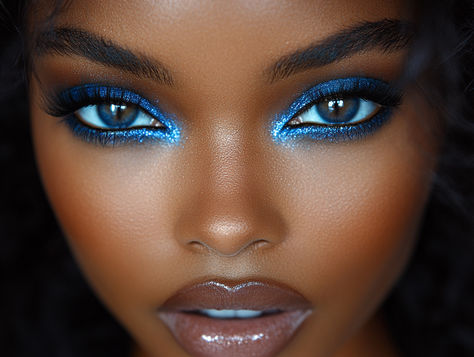 Learn how to achieve a flawless blue smokey eye! 💙✨ Start with a neutral base, blend dark blue into the crease, and add shimmer to the center for extra pop. Perfect for a bold, dramatic look! #BlueSmokeyEye #MakeupTutorial #EyeMakeup #SmokeyEyeTips Blue And Silver Makeup Looks Black Women, Dark Blue Makeup Looks, Sky Blue Eye Makeup, Blue Wedding Makeup, Sky Blue Eyes, Wedding Makeup Blue, Blue Smokey Eye, Blue Eyes Pop, Blue Makeup Looks