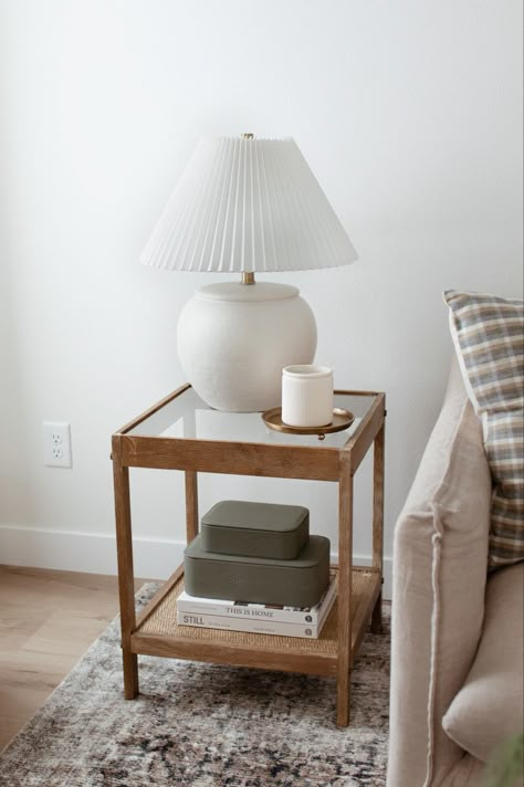 Living Room End Table Decor, Nursery Side Table, Side Table Decor Living Room, End Table With Lamp, Rectangle Side Table, Brown Side Table, Pleated Lamp, Side Table Styling, Glass Side Table