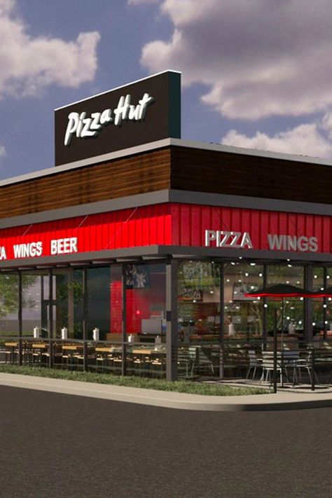 9 Things You Never Knew About Pizza Hut, Straight From an Insider Employee Restaurant Exterior Design, Shoe Store Design, Pizza House, Restaurant Exterior, Pizza Shop, Kiosk Design, Love Pizza, Pizza Hut, Fast Food Restaurant