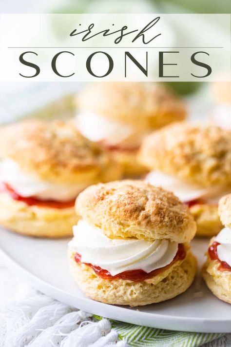 Irish Scones: Light, fluffy, and such a treat with jam & cream. Easy to make and so authentic! #scones #irish #easy #recipe #english #british #videos #breakfast #best #plain #cream #christmas #traditional #tea #sweet #simple #classic #basic #fall #bakingamoment British Videos, Irish Scones Recipe, Irish Recipes Appetizers, Irish Dessert Recipes, Irish Scones, Full Irish Breakfast, British Scones, Irish Recipes Authentic, English Scones